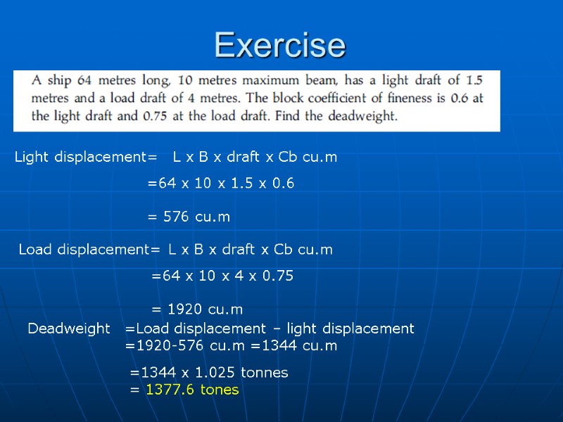 Exercise   Light displacement= L x B x draft x Cb cu.m =64